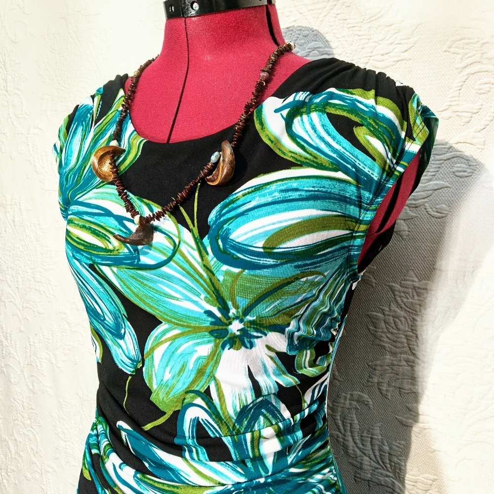 Enfocus Floral Stretchy Fitted Black Blue Midi Dress Size 6 - Picture 2 of 11